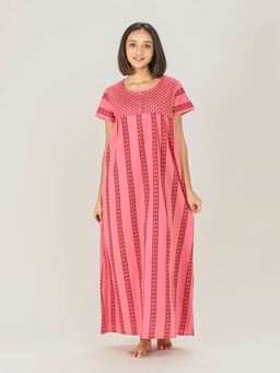 evolove - Women's Soft Cotton Maxi Nightdress with Pocket Pink & Red