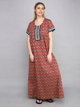 evolove - Women's Soft Cotton Maxi Nightdress with Pocket Red