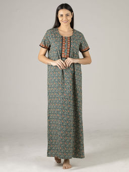 evolove - Women's Soft Cotton Maxi Nightdress with Pocket Teal & Orange