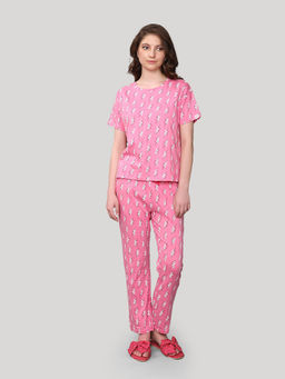 evolove - Women's Cotton Knitted T-Shirt & Pyjama Night Suit Pink (Set of 2)