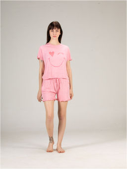 evolove - Women's Cotton Knitted T-Shirt & Shorts Night Suit Pink (Set of 2)