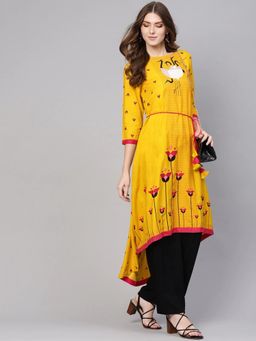 Pannkh - Women Mustard Dori Asymmetric With Flamingo Printed Kurta (Set of 2)