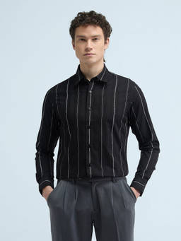 Flying Machine - Black Striped Slim Fit Dobby Shirt