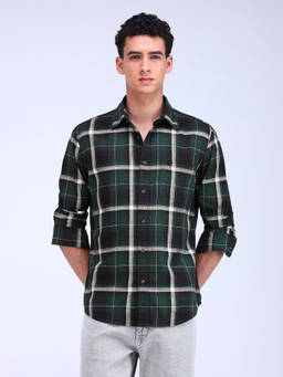 Flying Machine - Green Tartan Check Slim Slub Shirt