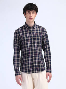 Flying Machine - Navy Blue Plaid Checked Cotton Shirt