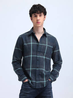 Flying Machine - Blue Grid Tattersall Checked Twill Shirt