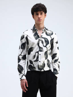 Flying Machine - White Printed Satin Slim Fit Shirt