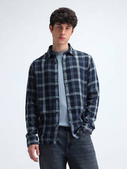 Flying Machine - Navy Blue Tartan Checked Twill Shirt