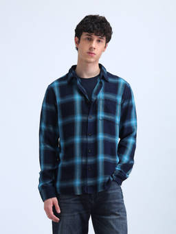 Flying Machine - Navy Blue Grid Tattersall Checked Twill Shirt