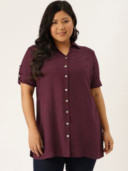 theRebelinme - Plus Size Women Wine Solid Color Casual Collar Shirt