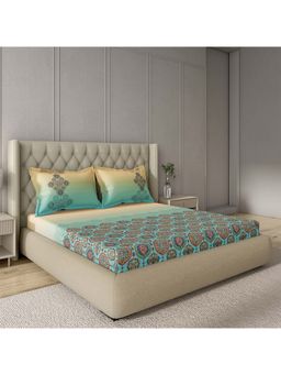 GM - 100% Cotton Aqua Blue Digital Printed 144TC King Bedsheet with 2 Pillow Covers