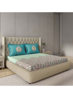 GM - 100% Cotton Teal Green Digital Printed 144TC King Bedsheet with 2 Pillow Covers
