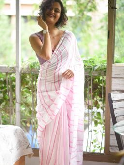 Suta - White & Pink Mul Cotton Striped Saree without Blouse