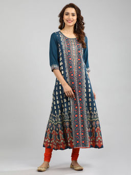 Aurelia - Teal Round Neck Printed Kurta