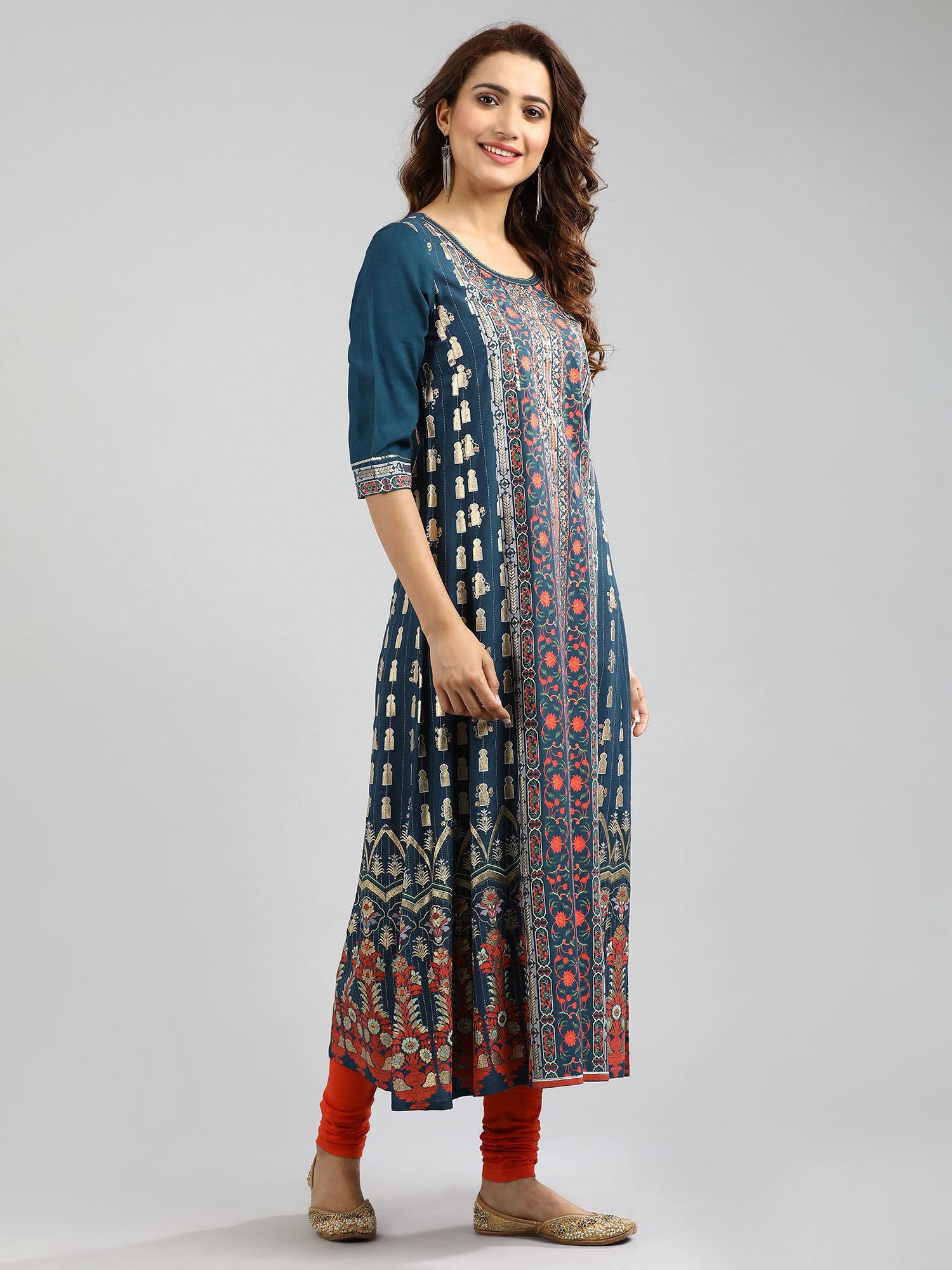 Aurelia Teal Round Neck Printed Kurta 