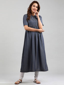 Aurelia - Navy Blue V-Neck Yarn-Dyed Dress