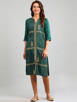 Aurelia - Teal Band Collar Printed Kurta