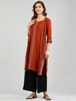 Aurelia - Rust Round Neck Yarn-Dyed Kurta