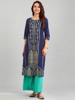 Aurelia - Navy Blue Round Neck Printed Kurta