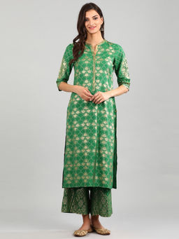 Aurelia - Green Band Collar Printed Kurta