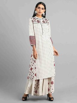 W - Off-White Mandarin Neck Printed Kurta