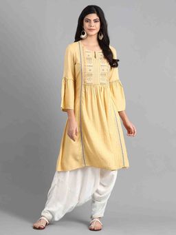 W - Yellow Round Neck Tie-Up Kurta