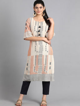 W - Women Beige Round Neck Printed Kurta