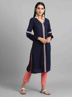 W - Navy Blue V-Neck Gathered Kurta