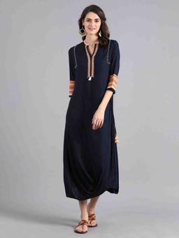 W - Navy Blue Mandarin Neck Cowl Dress