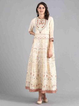 W - Beige Keyhole Neck Printed Kurta