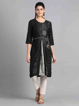 W - Black Round Neck Printed Kurta