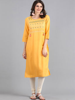 W - Women Yellow Round Neck Embroidered Kurta