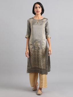 W - Grey Round Neck Foil Printed Kurta