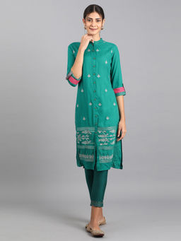 W - Teal Mandarin Neck Embroidered Kurta