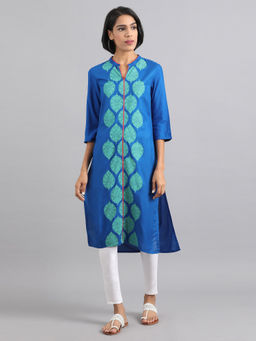 W - Blue Mandarin Neck Printed Kurta