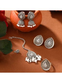 Yellow Chimes - Set of Silver-Oxidised Maang Tikka Earrings Ring and Nose Pin