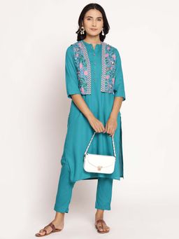 Shree - Women Rayon Turquoise Blue Kurta Jacket Trouser (Set Of 3)