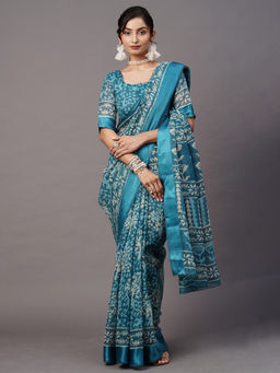 Akhilam - Women Cotton Blend Blue Printed Designer Saree with Unstitched Blouse Piece