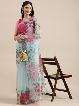 Vastranand - Blue Organza Party Wear Saree With Aari Work Butta with Unstitched Blouse