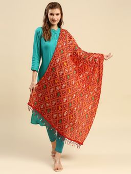 Dupatta Bazaar - Womens Patola Printed Red Art Silk Crushed Dupatta