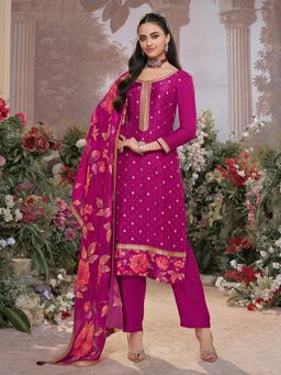 Seerat - Magenta Jacquard With Kurta With Dyed Trouser And Printed Dupatta