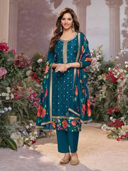 Seerat - Teal Jacquard With Kurta With Dyed Trouser And Printed Dupatta
