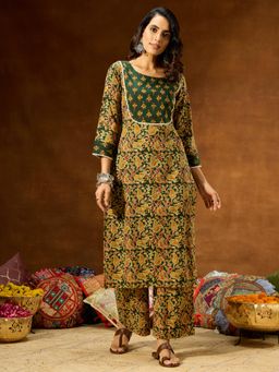 Janasya - Womens Green Pure Cotton Paisley Printed Straight Kurta & Pant