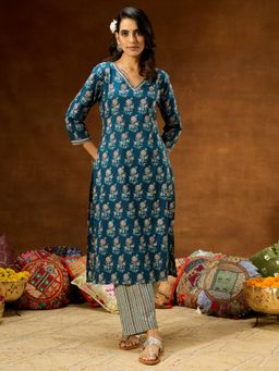 Janasya - Womens Blue Pure Cotton Floral Printed Straight Kurta & Pant