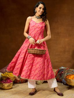 Janasya - Womens Pink Pure Cotton Bandhani Printed Anarkali Kurta