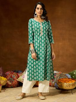 Janasya - Womens Green Pure Cotton Ethnic Motifs Printed Straight Kurta