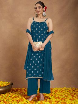 Janasya - Womens Teal Blue Rayon Straight Kurta & Pant With Dupatta
