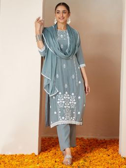 Janasya - Womens Powder Blue Silk Blend Embroidered Straight Kurta & Pant With Dupatta