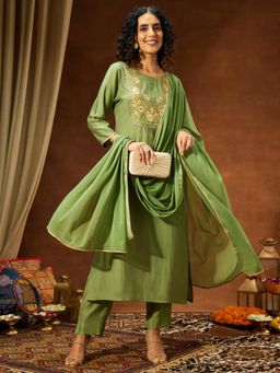 Janasya - Womens Sage Green Silk Blend Zari Yoke Embroidered Straight Kurta & Pant With Dupatta