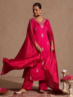 Janasya - Womens Pink Silk Blend Zari Embroidered Straight Kurta & Pant With Dupatta